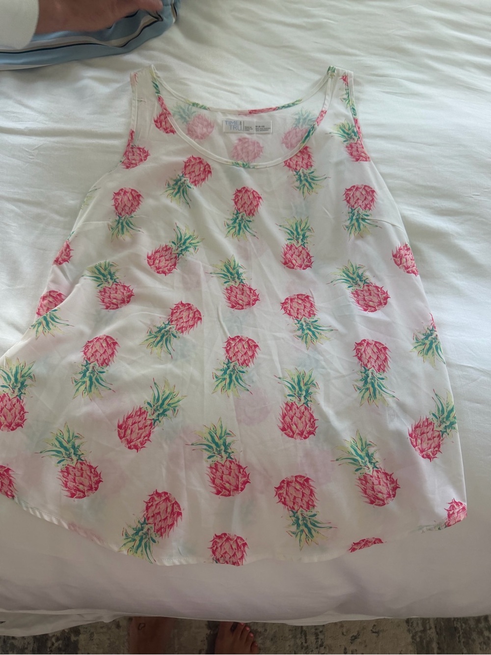 Womans White Tank Top with Pink Pineapple Print